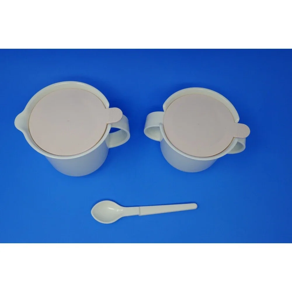 Tupperware Vintage Pink White Tabletop Set ~ Creamer Sugar Spoon Butter Shakers